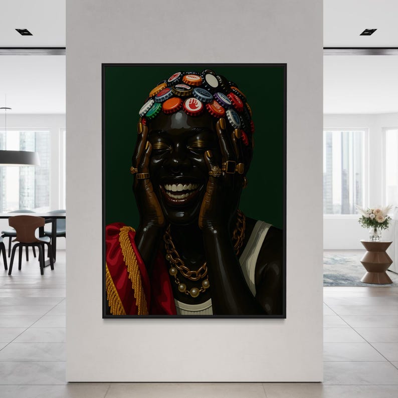 May include: A framed artwork featuring a smiling person with dark skin, adorned with a head covering made of bottle caps. The person wears gold jewelry, including rings and a necklace, and a red and gold garment.