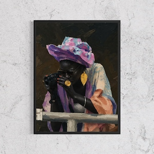 Kamera schwarze Kunst, afroamerikanische Fotografin in Kopfverpackung, Impasto Ölgemälde mit Goldschmuck, buntes Wanddekor
