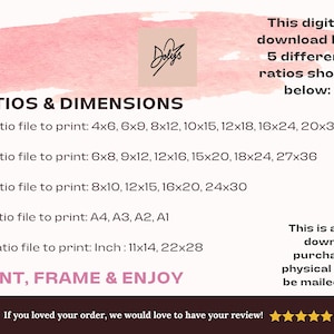 May include: Digital download graphic with a pink watercolor wash background. Text includes print dimensions in inches and centimeters, with ratios like 2:3, 3:4, 4:5, 5:7, and 11:14. The text also says "Print, Frame & Enjoy."