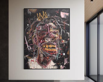Arte neoexpresionista del rey negro, retrato de corona de graffiti, arte callejero afroamericano, decoración abstracta para hombres, descarga digital imprimible