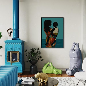 Black Art Decor, Black Woman Art, Black Girl Wall Art, Afrocentric Mother and Child Art, Abstract Black Art, Urban African American Wall Art image 3
