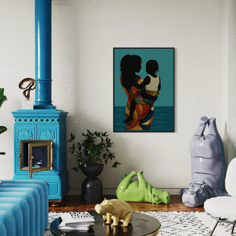Black Art Decor, Black Woman Art, Black Girl Wall Art, Afrocentric Mother and Child Art, Abstract Black Art, Urban African American Wall Art image 3