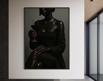 Black Girl Wall Art, Luxury Black Art, Black Woman Holding Elegant Wine Glass Art, Afrocentric Fashion Art, African American Art, Chic Decor