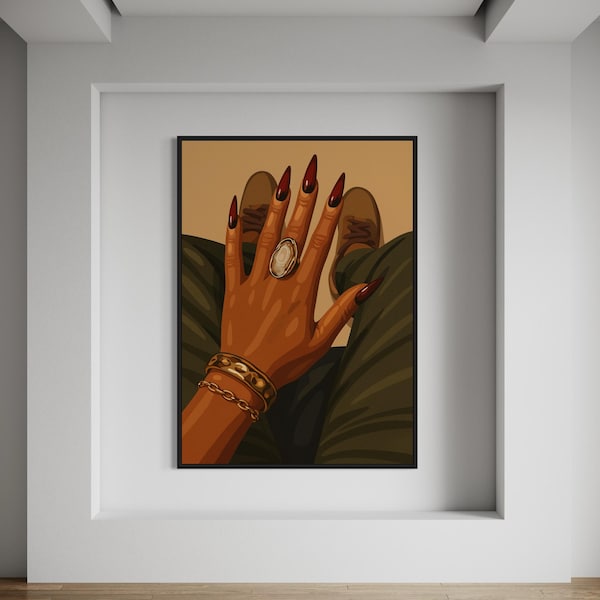 Red Stiletto Nails Hand Art, Black Woman Beauty Wall Art, African American Printable Digital Download, Melanin Glam Salon Decor