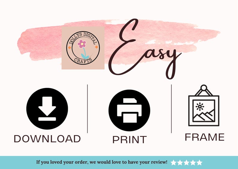 May include: A graphic with the text "Easy" and icons for download, print, and frame. The image includes the text "DOLLYS DIGITAL CRAFTS" and a pink watercolor wash background. The bottom text reads "If you loved your order, we would love to have your review!"