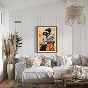 May include: A framed collage of a couple embracing, with a colorful geometric background. The couple is dressed in vintage clothing, and the image has a retro feel.