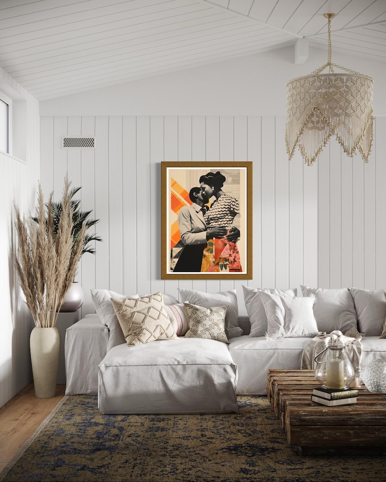 May include: A framed collage of a couple embracing, with a colorful geometric background. The couple is dressed in vintage clothing, and the image has a retro feel.