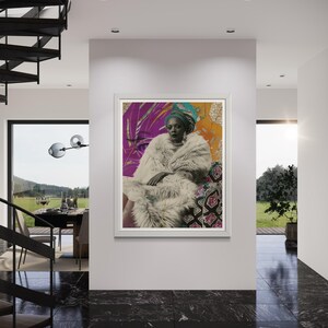 May include: A framed print of a woman wearing a white fur coat and a colorful head wrap. The background is a collage of colorful patterns and textures.