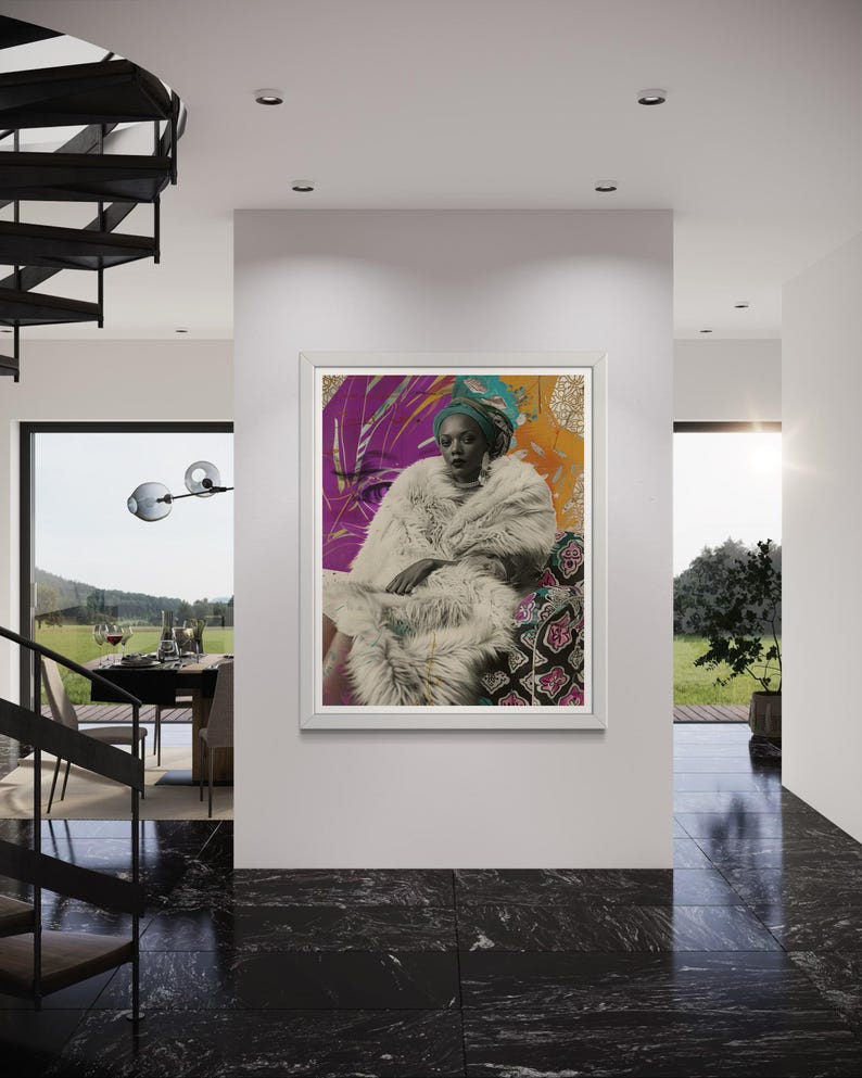May include: A framed print of a woman wearing a white fur coat and a colorful head wrap. The background is a collage of colorful patterns and textures.
