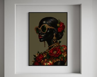 Black Woman Art, Black Art Prints, Afrocentric Woman Floral Headpiece Art Print, Boho Home Decor, African American Art (Digital Download)