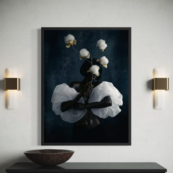 Surreal Black Woman Wall Art, White Flower Editorial Print, Moody Navy African American Art, Tulle Beauty Decor, Printable Digital Download