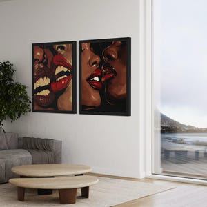 Stampe d'arte nera, arte afrocentrica di donne nere, arte lesbica nera, poster di ragazze che si baciano, arte nera moderna, set di 2 pezzi di arte afroamericana immagine 2