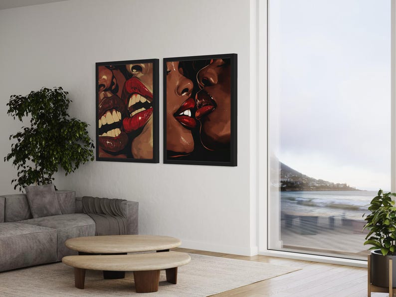 Stampe d'arte nera, arte afrocentrica di donne nere, arte lesbica nera, poster di ragazze che si baciano, arte nera moderna, set di 2 pezzi di arte afroamericana immagine 2