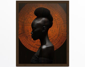 Sunburst Black Woman Printable Wall Art, African American Profile Digital Download, Sculptural Updo Poster, Burnt Orange Decor