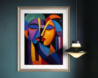 Black Art Print, African American Wall Art, Black Woman Wall Art, Bold Cubist Couple Abstract Faces, Afrocentric Colorful Love Decor Print