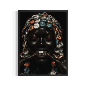 May include: A framed art print depicting a person with a headdress and jewellery made from bottle caps. The person is smiling, showing silver teeth. The image has a dark, dramatic aesthetic.