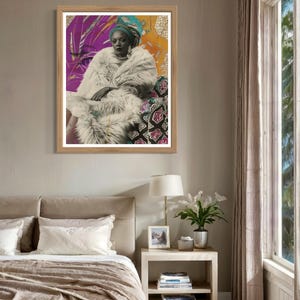 May include: A framed print of a woman wearing a white fur coat and a colorful head wrap. The background is a collage of colorful patterns and textures.