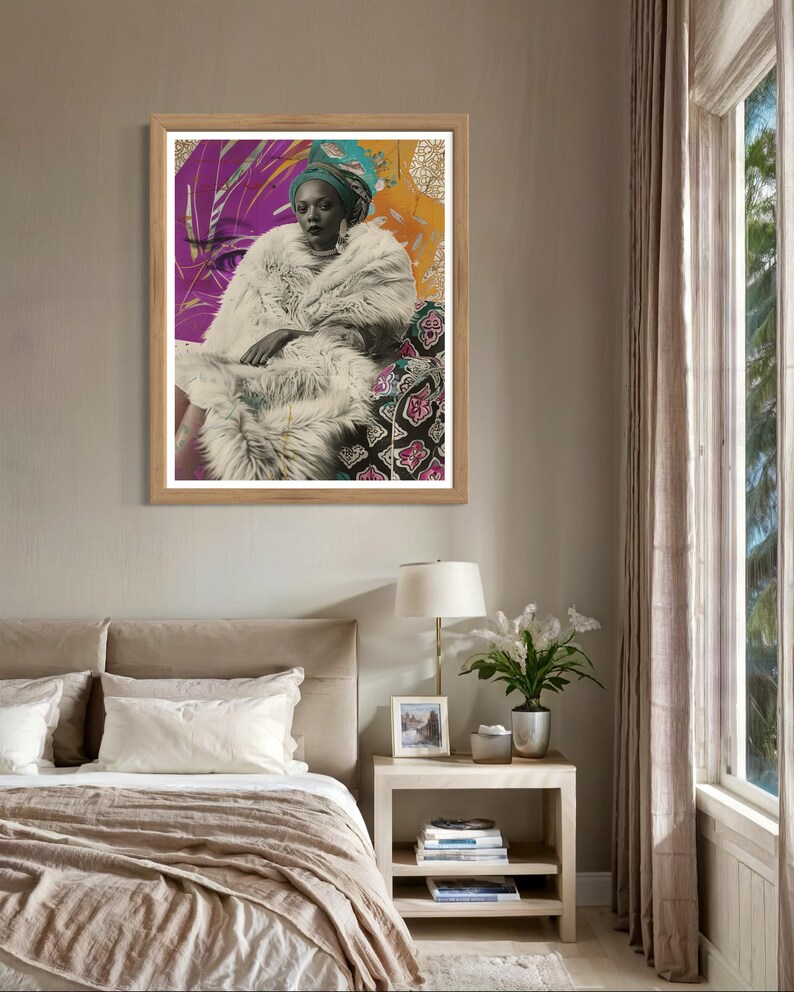 May include: A framed print of a woman wearing a white fur coat and a colorful head wrap. The background is a collage of colorful patterns and textures.