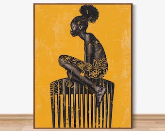 Arte murale con donna nera, Afro Pick, arte afrocentrica, stampa afroamericana, decorazione del patrimonio culturale nero, arte nera e gialla da scaricare