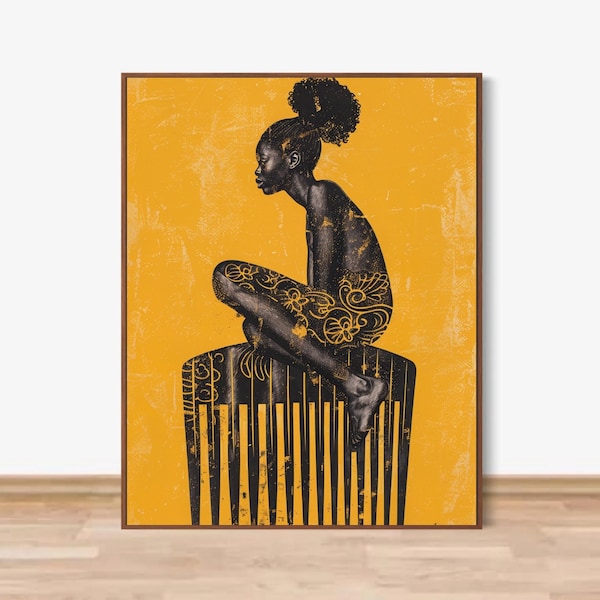 Black Woman Wall Art, Afro Pick Afrocentric Art, African American Print, Black Culture Heritage Decor, Yellow Gold Black Art Download