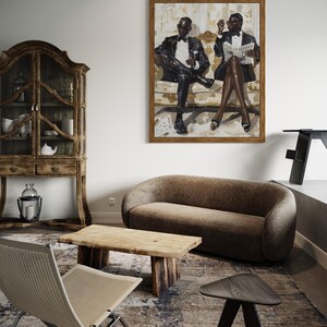 May include: An interior design scene featuring a framed painting of two figures in formal attire, a curved brown sofa, a wooden coffee table, a woven chair, and a patterned rug. A wooden cabinet is visible on the left.