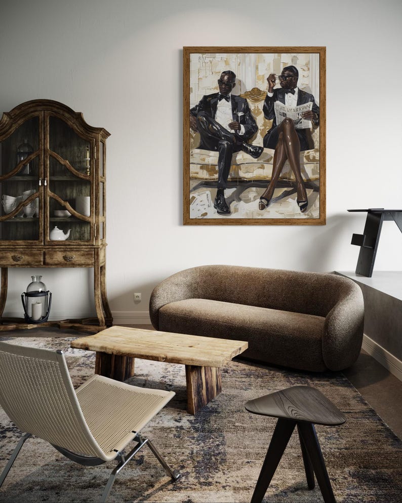 May include: An interior design scene featuring a framed painting of two figures in formal attire, a curved brown sofa, a wooden coffee table, a woven chair, and a patterned rug. A wooden cabinet is visible on the left.