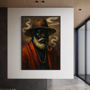 Può includere: Ritratto incorniciato di un distinto uomo nero con barba bianca, cappello marrone e giacca rossa, che fuma la pipa. L'opera d'arte presenta una collana di perline e uno stile vintage, pittorico, con pennellate visibili.