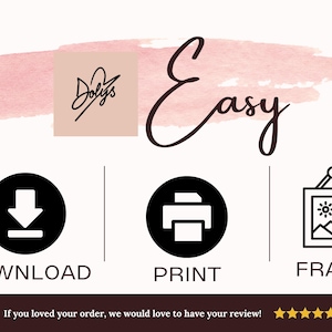 K&ouml;nnte beinhalten: Grafik mit dem Wort "Easy" in Schreibschrift, zusammen mit Symbolen f&uuml;r Download, Druck und Rahmen. Das Bild enth&auml;lt den Text "If you loved your order, we would love to have your review!"