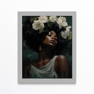 Black Woman Floral Art Print, Black Art Prints, Afrocentric Wall Art, Feminine Black Girl Wall Art, Modern Portrait, Afro Hair Flower Decor