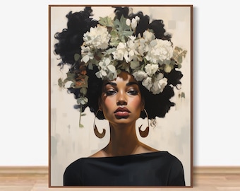 Láminas de arte negro, arte de mujeres negras, arte mural floral afrocéntrico, arte de cabezas de flores, retratos de niñas negras, arte de personas negras, arte mural de mujeres negras