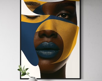 Yellow and Navy Wall Art, Blue Lips Portrait, Abstract Black Woman Art, African American Color Block, Bold Black Art Download