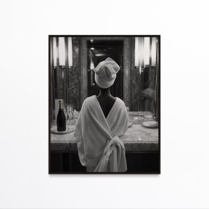 Zwart-wit badkamerposter, vrouw drinkt wijn print, elegante barwagen kunst aan de muur, meisjes badkamer decor, afdrukbare muurkunst
