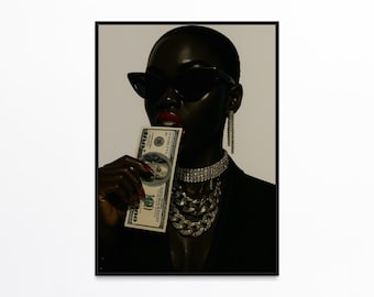 Lámina de arte negro, arte mural de chica negra, lámina de arte de mujer negra con dinero, arte afroamericano, arte mural urbano, arte mural afrocéntrico, arte de hombre negro