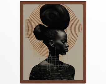 May include: A black and white portrait of a woman with a large, elaborate hairstyle. The background is a muted beige with a copper-coloured circular pattern.