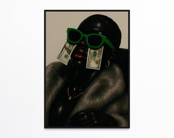 Arte mural urbano, arte de mujer negra, impresiones de arte negro, póster de mujer con dinero, retrato de niña negra, arte afroamericano, arte de niña negra con dinero