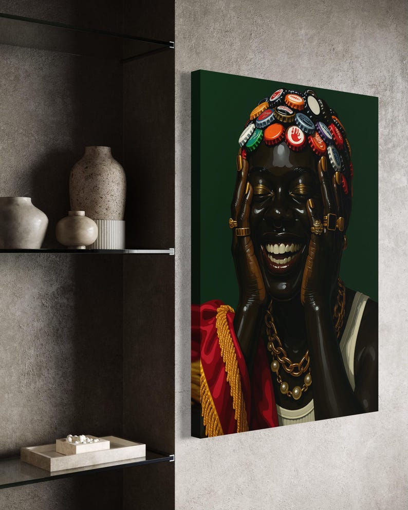 May include: A canvas print of a person with a dark complexion, adorned with bottle caps on their head and gold jewelry. The person is smiling, with hands on their face. A red and gold garment is draped over their shoulders against a dark green background.