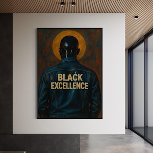 Puede incluir: Obra de arte enmarcada que muestra la espalda de una persona con una chaqueta vaquera azul oscuro con el texto dorado "BLACK EXCELLENCE". La obra tiene un halo dorado y un fondo oscuro y texturizado.