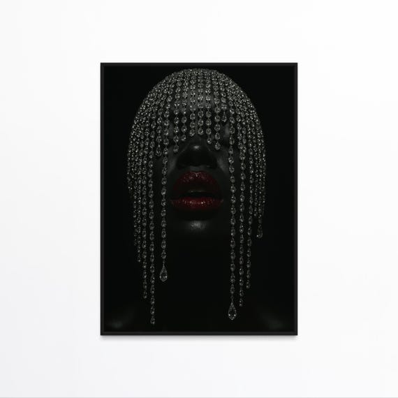 Crystal Veil Black Woman Art - Dark Glam Wall Art, Diamond Beaded Red Lips Decor, Printable Digital Download for Bedroom