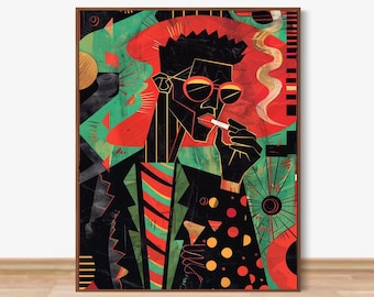 Arte Art Déco de hombre negro, retrato de jazz cubista geométrico, arte mural afroamericano, decoración masculina moderna y llamativa, descarga digital imprimible