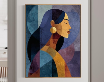 Schwarze Frau Abstrakt Kunstdruck, Geometrisches Afroamerikanisches Porträt, Blau Gold Boho Wandkunst, Afrocentric Dekor, Wohnzimmer Wandkunst