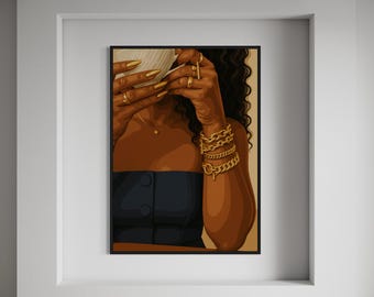 Coffee Lover Black Woman Art, Kitchen Wall Art, African American Printable Digital Download, Morning Melanin Home Decor Print