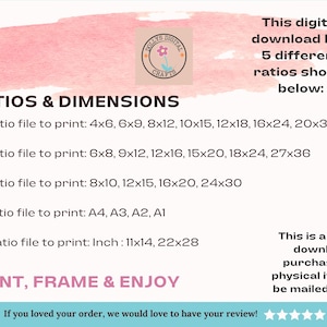 May include: Digital download graphic with a pink watercolor background. The image lists print ratios and dimensions, including inches for 11x14 and 22x28 prints. The text also states that this is a digital download purchase.