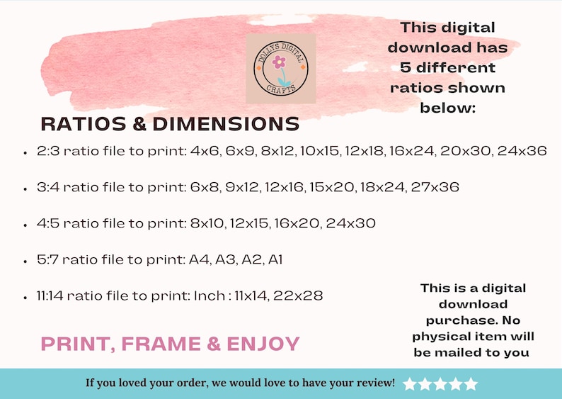 May include: Digital download graphic with a pink watercolor background. The image lists print ratios and dimensions, including inches for 11x14 and 22x28 prints. The text also states that this is a digital download purchase.