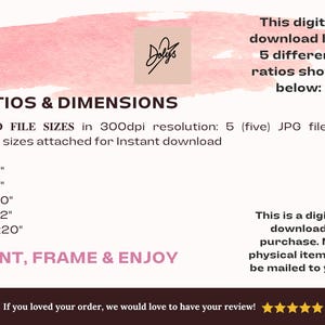 May include: Digital download graphic with a pink watercolor wash background. The image includes text detailing file sizes: 12.7cm x 12.7cm, 20.3cm x 20.3cm, 25.4cm x 25.4cm, 30.5cm x 30.5cm, and 50.8cm x 50.8cm. The text states this is a digital download.