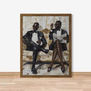 May include: Framed artwork featuring two figures in formal attire seated on a patterned sofa. One figure holds a newspaper, the other a glass. The artwork has a neutral color palette with a brown wooden frame.