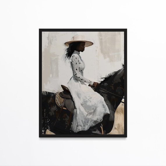 Black Cowgirl Wall Art, Horse Riding Portrait, African American Art, Western Prairie Decor, Elegant Black Art Digital Download