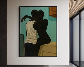 May include: A framed illustration of two people embracing in a kitchen setting. The couple is silhouetted against a teal green wall and a yellow countertop. The man is wearing a white tank top and jeans, while the woman is wearing a black dress.