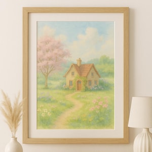 Spring Cottage Landscape Watercolor , Countryside Wall Art ,Rustic Farmhouse and Cottagecore Printable