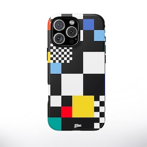 モダンなチェック柄カラーブロックのスマホケース、大胆な幾何学模様、iPhone 16とSamsung S23用の丈夫な保護カバー、ミニマリストギフトに最適