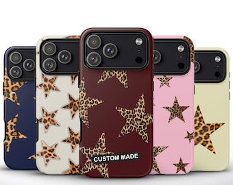 Personalisierte Leopard Stern Name Handyhülle, iPhone 17/16/15/14/13/12 Pro Max XR, Galaxy S24/S23/S22/S21 Ultra, Pixel Aesthetic Teen Cool Girl Hülle